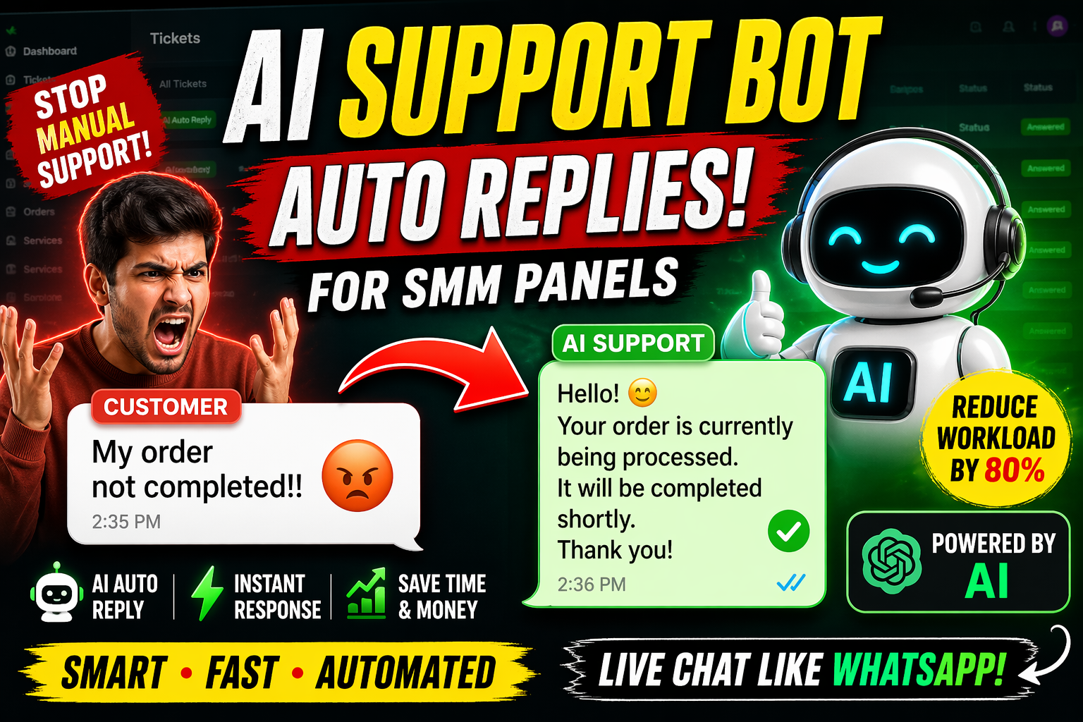 AI Support System for SMM Panels 🤖 (Auto Reply + Live Chat + Smart Tickets)